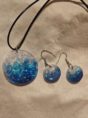 Handmade Blue Glitter Resin Necklace and Earring Set